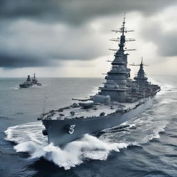 A highly detailed image of a World War II battleship sailing through the ocean