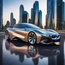 A futuristic BMW car with a sleek, aerodynamic design, advanced technology features, and a luxurious interior