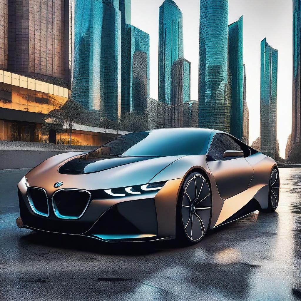 A futuristic BMW car with a sleek, aerodynamic design, advanced technology features, and a luxurious interior