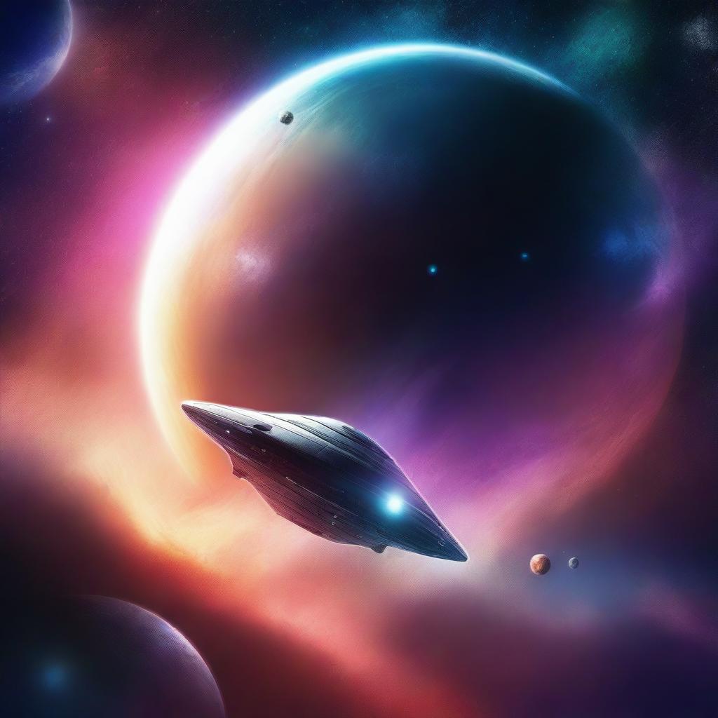 A digital art scene of space exploration featuring a futuristic spaceship traveling through the cosmos, with distant stars, planets, and nebulae in the background