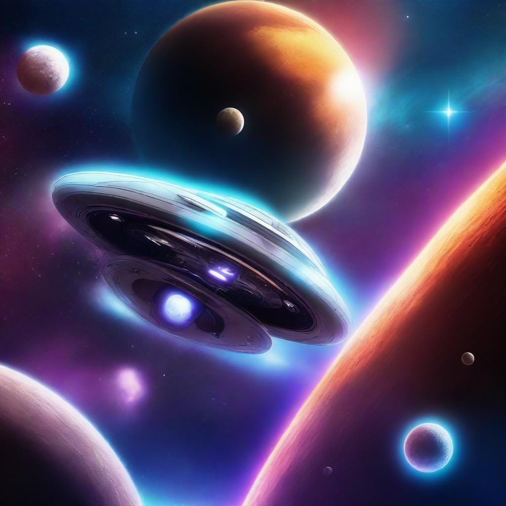 A digital art scene of space exploration featuring a futuristic spaceship traveling through the cosmos, with distant stars, planets, and nebulae in the background