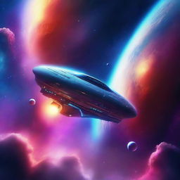 A captivating space exploration scene in digital art, featuring a futuristic spaceship navigating through a galaxy filled with vibrant nebulae, distant stars, and mysterious planets