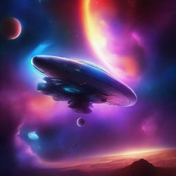 A captivating space exploration scene in digital art, featuring a futuristic spaceship navigating through a galaxy filled with vibrant nebulae, distant stars, and mysterious planets