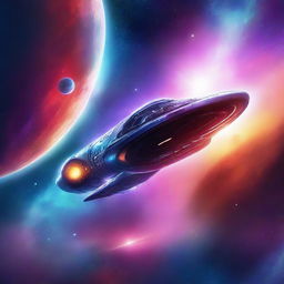 A captivating space exploration scene in digital art, featuring a futuristic spaceship navigating through a galaxy filled with vibrant nebulae, distant stars, and mysterious planets