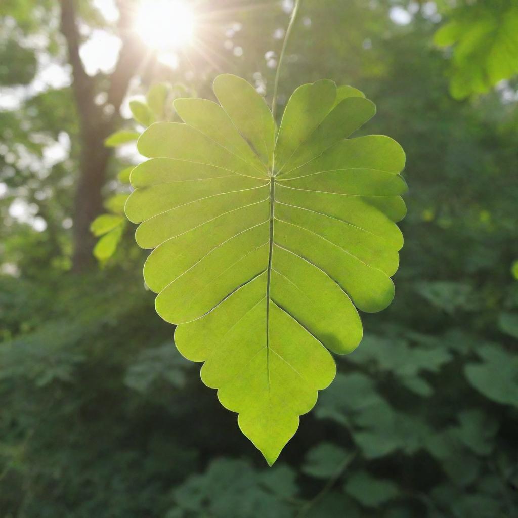 A lush, vibrant moringa leaf in its natural environment. Sunlight filters through the leaf, bringing out its rich, vivid green hues.