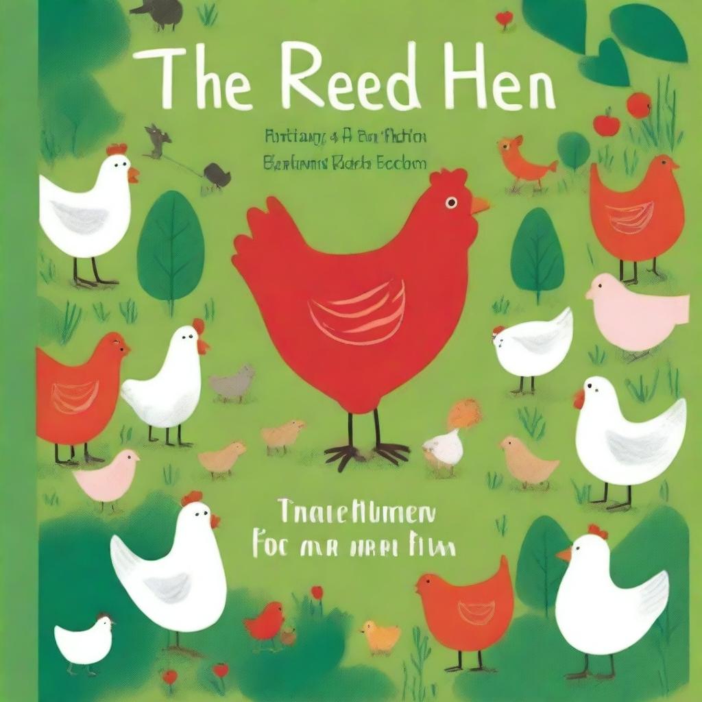 A vibrant and playful book cover for a children's story book titled 'The Little Red Hen'