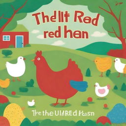 A vibrant and playful book cover for a children's story book titled 'The Little Red Hen'