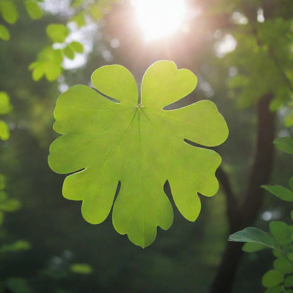 A lush, vibrant moringa leaf in its natural environment. Sunlight filters through the leaf, bringing out its rich, vivid green hues.