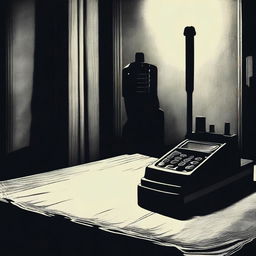 A horror movie poster featuring a walkie talkie on a table