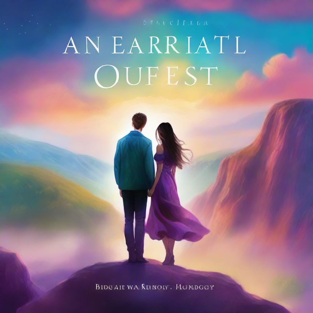 A captivating romance adventure book cover featuring a couple standing on a cliff overlooking a vast, magical landscape