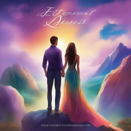 A captivating romance adventure book cover featuring a couple standing on a cliff overlooking a vast, magical landscape