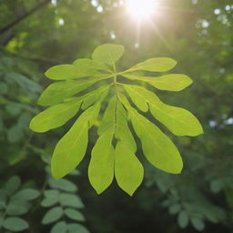 A lush, vibrant moringa leaf in its natural environment. Sunlight filters through the leaf, bringing out its rich, vivid green hues.