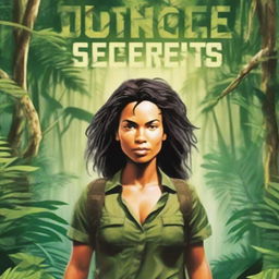 A thrilling book cover featuring a woman in a dense jungle