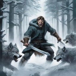 An intense book cover featuring a man fighting off a pack of wolves in a snowy forest