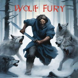 An intense book cover featuring a man fighting off a pack of wolves in a snowy forest