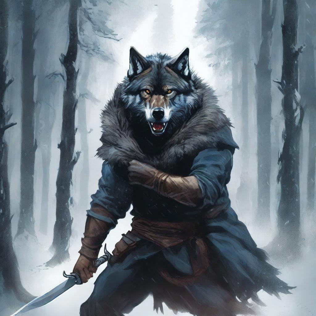 An intense book cover featuring a man fighting off a pack of wolves in a snowy forest