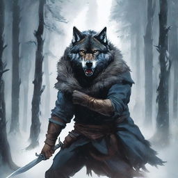 An intense book cover featuring a man fighting off a pack of wolves in a snowy forest