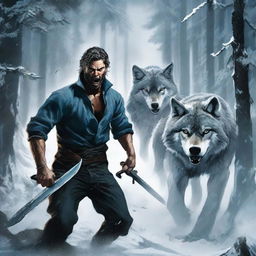 An intense book cover featuring a man fighting off a pack of wolves in a snowy forest