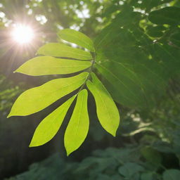 A lush, vibrant moringa leaf in its natural environment. Sunlight filters through the leaf, bringing out its rich, vivid green hues.