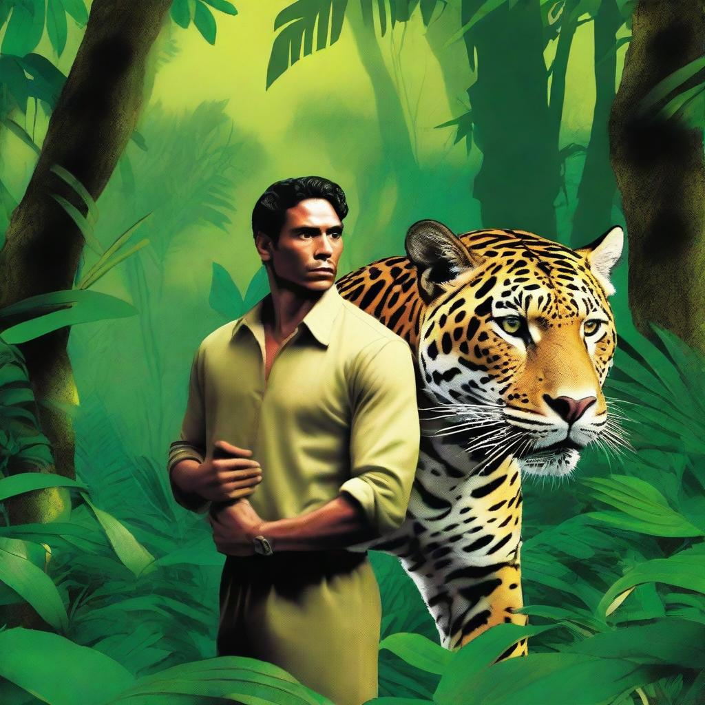 A mysterious book cover featuring a man standing beside a majestic jaguar in a dense jungle