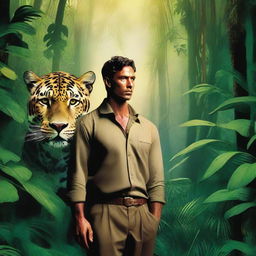 A mysterious book cover featuring a man standing beside a majestic jaguar in a dense jungle