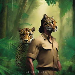 A mysterious book cover featuring a man standing beside a majestic jaguar in a dense jungle