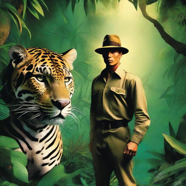 A mysterious book cover featuring a man standing beside a majestic jaguar in a dense jungle