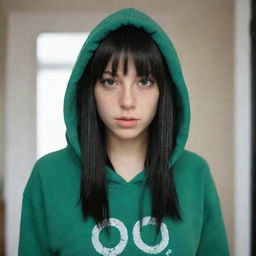 casual photograpy medium body, female with black hip hop  stamp hoodie, 23 year old with green eyes and black long hai with withe streaks in the bangs .,freckles, self on the mirror, relax time, medium distance shot, 4k hd,  --style raw--v 5.2 ar 2-3