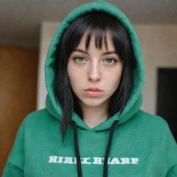 casual photograpy medium body, female with black hip hop  stamp hoodie, 23 year old with green eyes and black long hai with withe streaks in the bangs .,freckles, self on the mirror, relax time, medium distance shot, 4k hd,  --style raw--v 5.2 ar 2-3