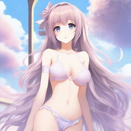 Create an image of an anime-style waifu character wearing lingerie