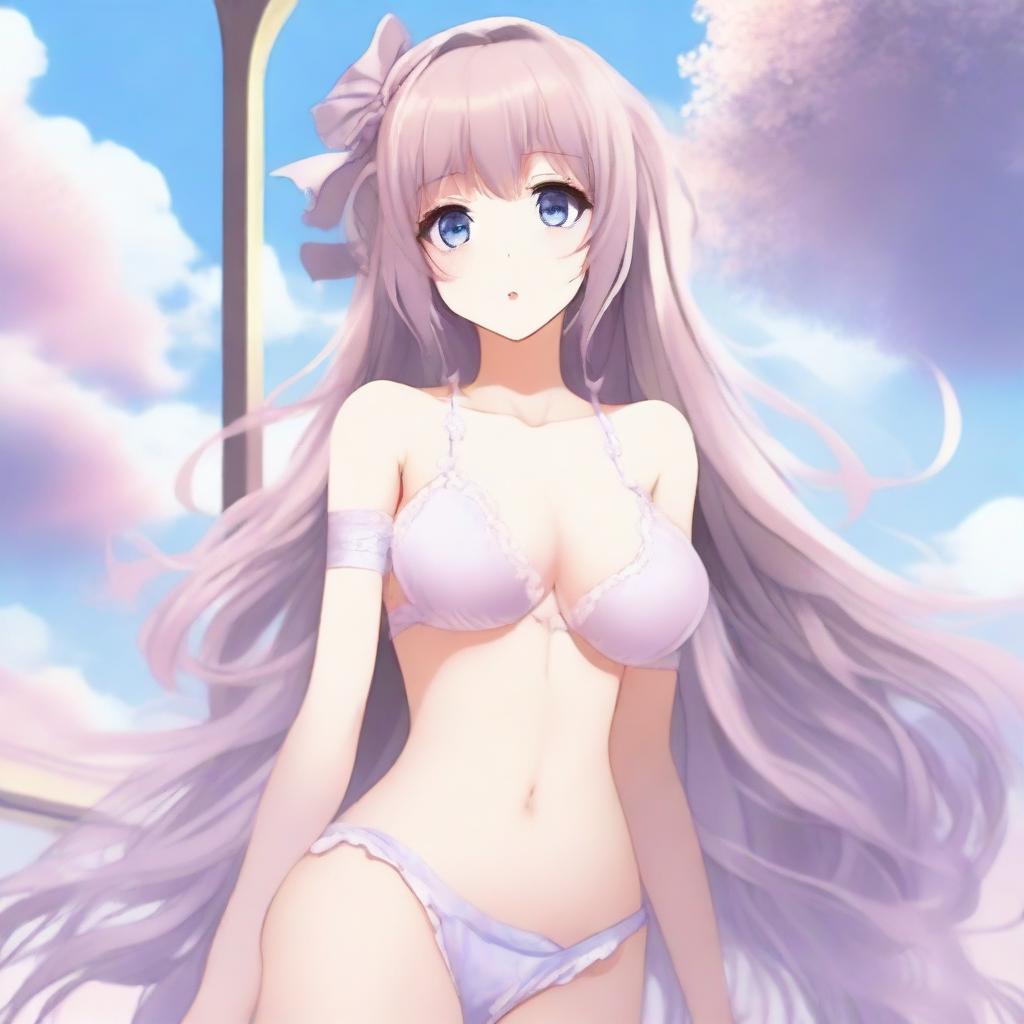 Create an image of an anime-style waifu character wearing lingerie