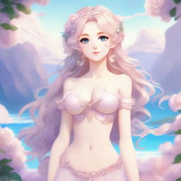 Create an image of an anime-style waifu character inspired by Aphrodite, the Greek goddess of love, wearing elegant lingerie