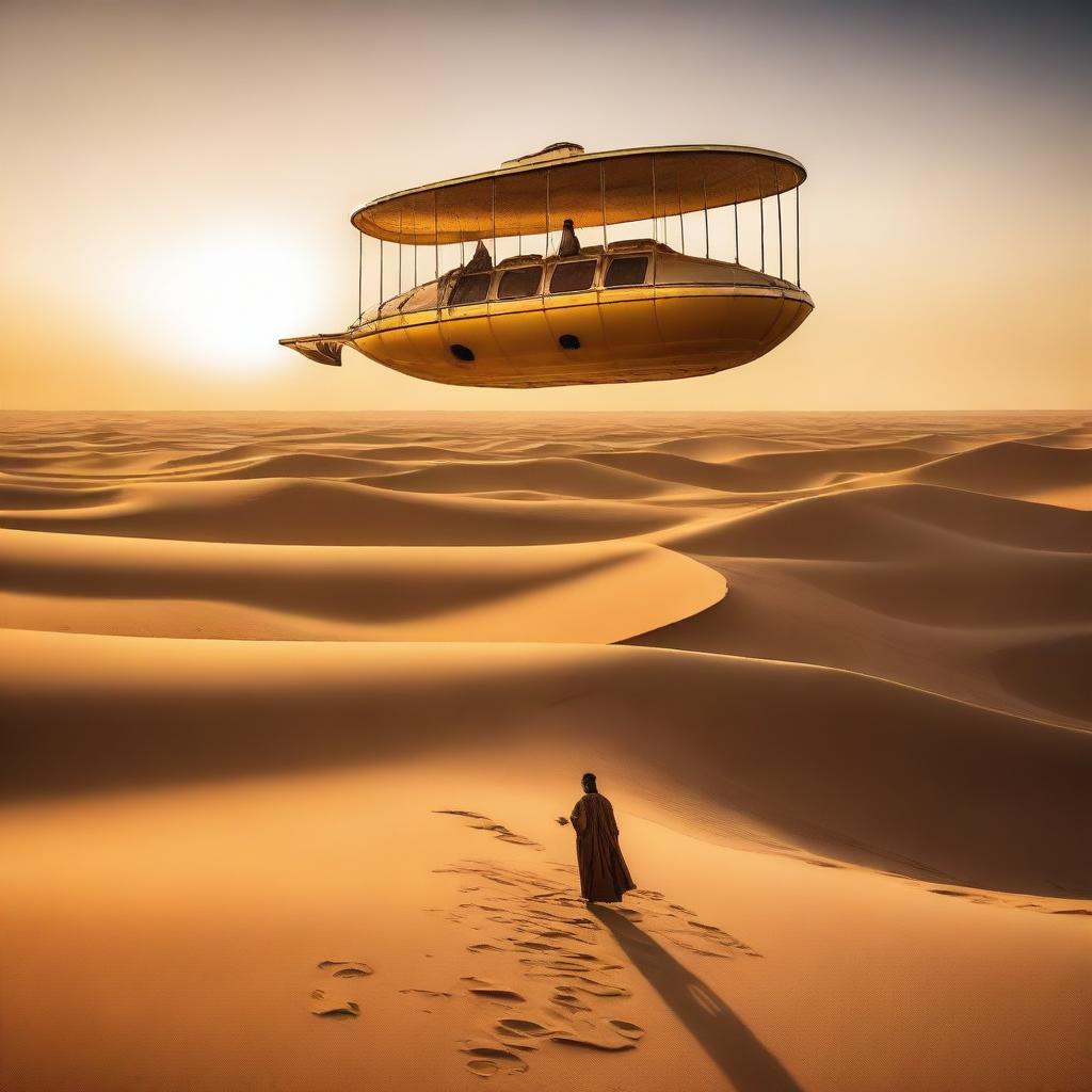 A man in the desert of Algeria is piloting a flying ship over the sand dunes