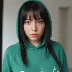 casual photograpy medium body, female with black hip hop  stamp hoodie, 23 year old with green eyes and black long hai with withe streaks in the bangs .,freckles, self on the mirror, relax time, medium distance shot, 4k hd,  --style raw--v 5.2 ar 2-3