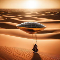 A man in the desert of Algeria is piloting a flying ship over the sand dunes