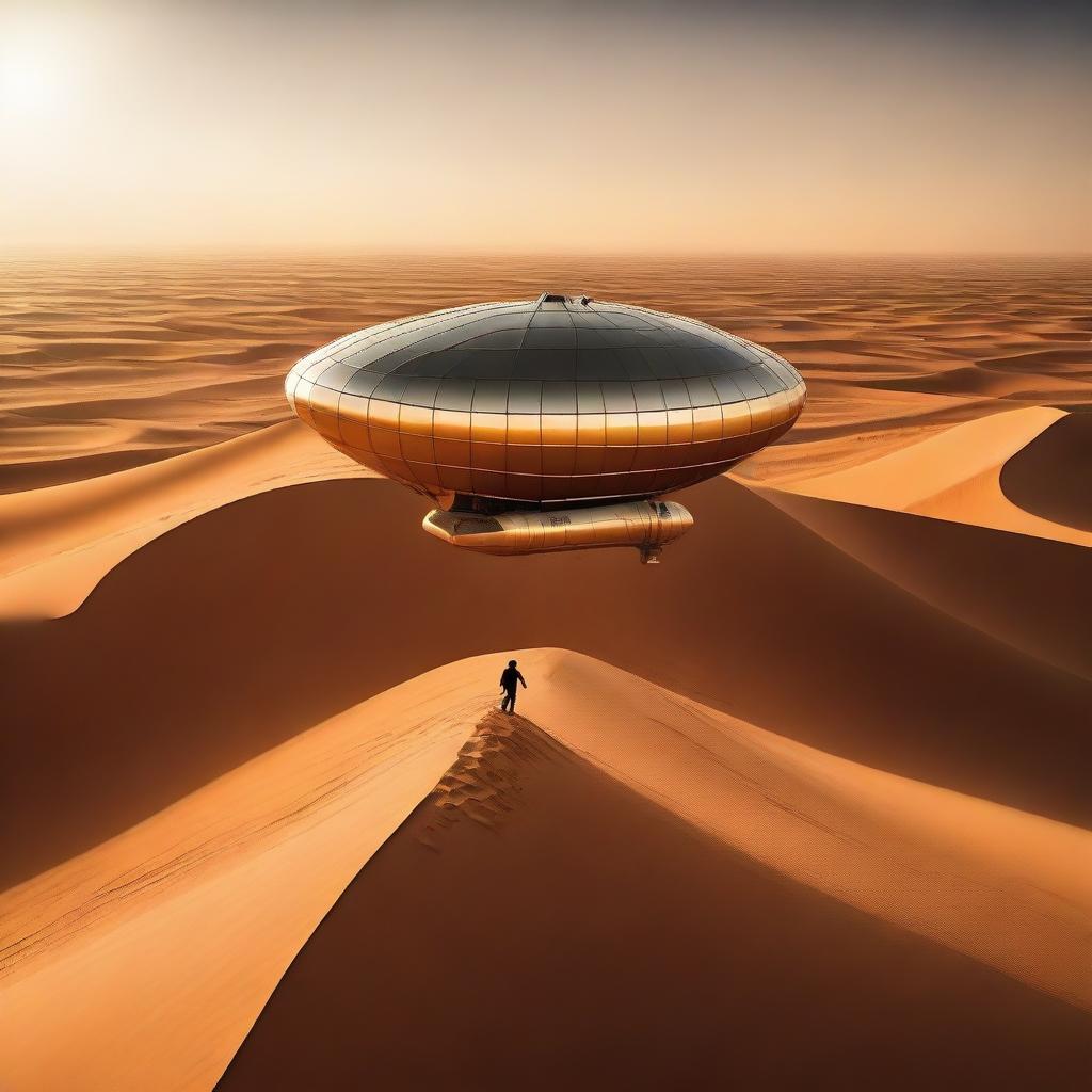 A man in the desert of Algeria is piloting a flying ship over the sand dunes