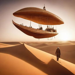 A man in the desert of Algeria is piloting a flying ship over the sand dunes