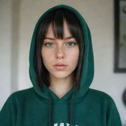 casual photograpy medium body, female with black hip hop  stamp hoodie, 23 year old with green eyes and black long hai with withe streaks in the bangs .,freckles, self on the mirror, relax time, medium distance shot, 4k hd,  --style raw--v 5.2 ar 2-3