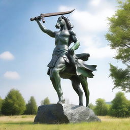 A majestic statue of a horse man wielding two axes, standing proudly on a field of grass