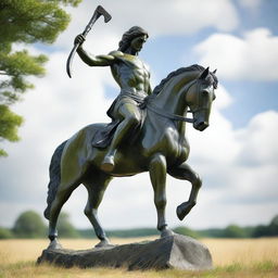 A majestic statue of a horse man wielding two axes, standing proudly on a field of grass