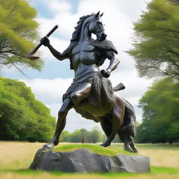 A majestic statue of a horse man wielding two axes, standing proudly on a field of grass