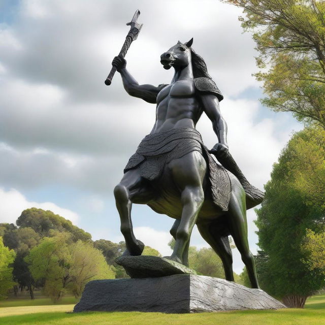 A majestic statue of a horse man wielding two axes, standing proudly on a field of grass