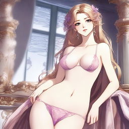 Aphrodite in anime style wearing lingerie, depicted in a provocative manner