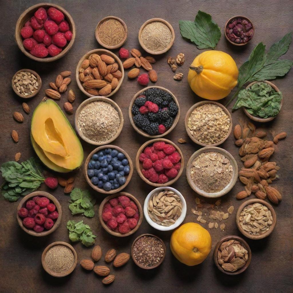 An assortment of superfoods stylishly laid out amidst a backdrop of rustic textures. There are berries, nuts, seeds, leafy greens, and colorful fruits all bursting with health and vitality.