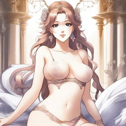 Aphrodite in anime style wearing lingerie, depicted in a provocative manner