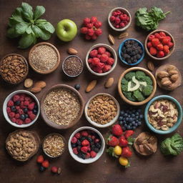 An assortment of superfoods stylishly laid out amidst a backdrop of rustic textures. There are berries, nuts, seeds, leafy greens, and colorful fruits all bursting with health and vitality.