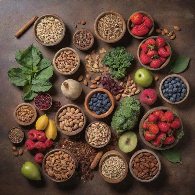 An assortment of superfoods stylishly laid out amidst a backdrop of rustic textures. There are berries, nuts, seeds, leafy greens, and colorful fruits all bursting with health and vitality.