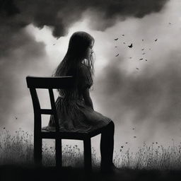 A girl with long hair seated on a chair, looking sad and lonely, gazing into the sky