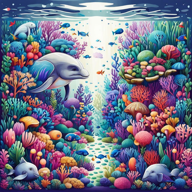 Create a whimsical scene featuring cute animals and vibrant flora both underwater and on land, with a seamless transition between the two environments