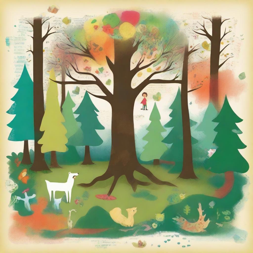 Create an image in the style of children's drawings depicting the center of a mysterious forest called 'Four Seasons Forest' in a distant land